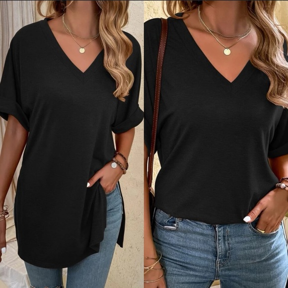 Boho casual V neck side slit oversized top - Picture 3 of 15